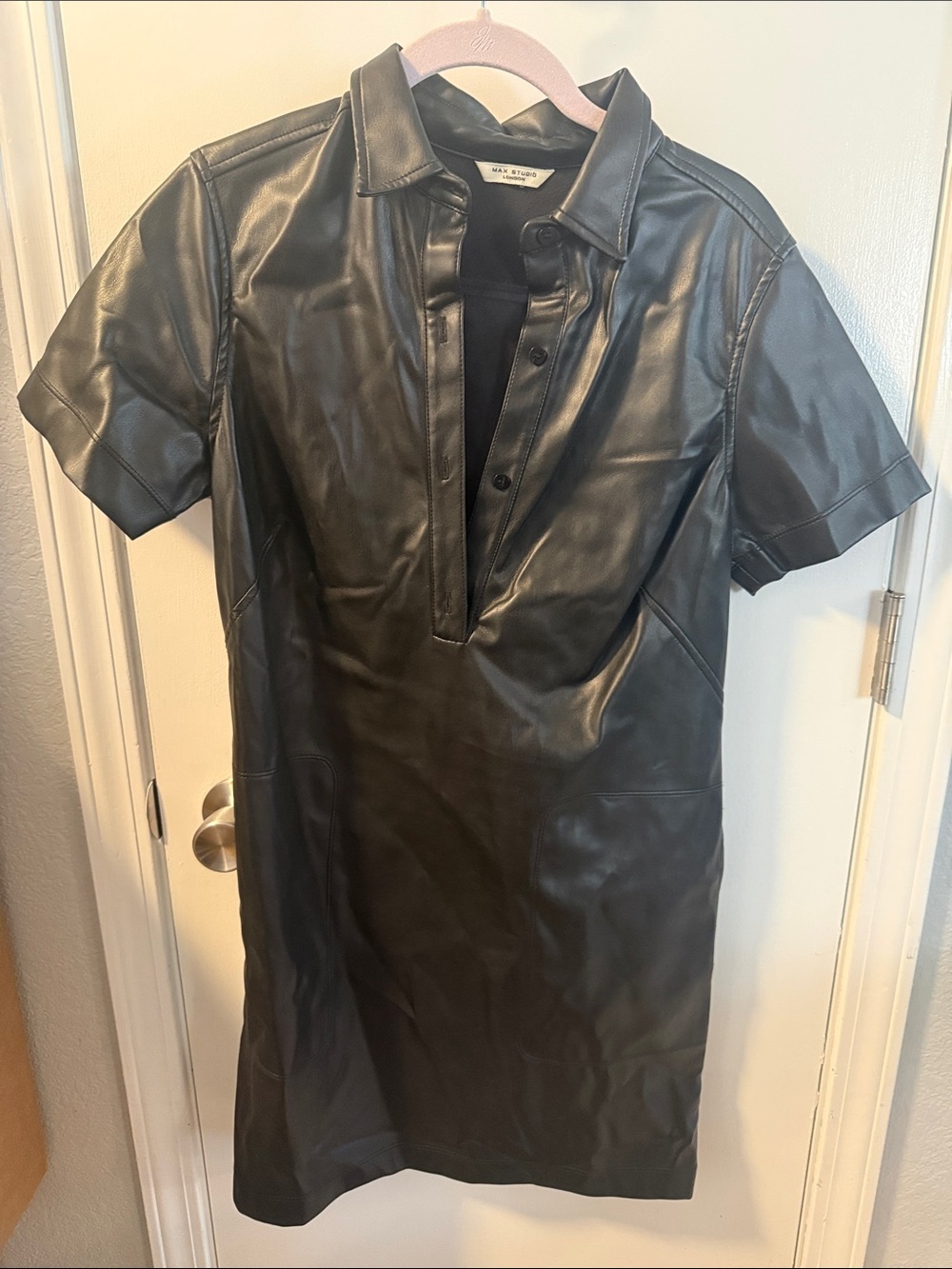 Max Studio Black Short-Sleeve Faux Leather Midi Dress